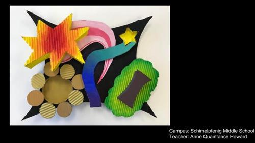 Non-objective brightly colored cardboard relief sculpture.  